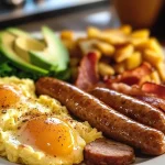 Prato de Café da Manhã: Bacon, Ovos, Salsichas e Torradas