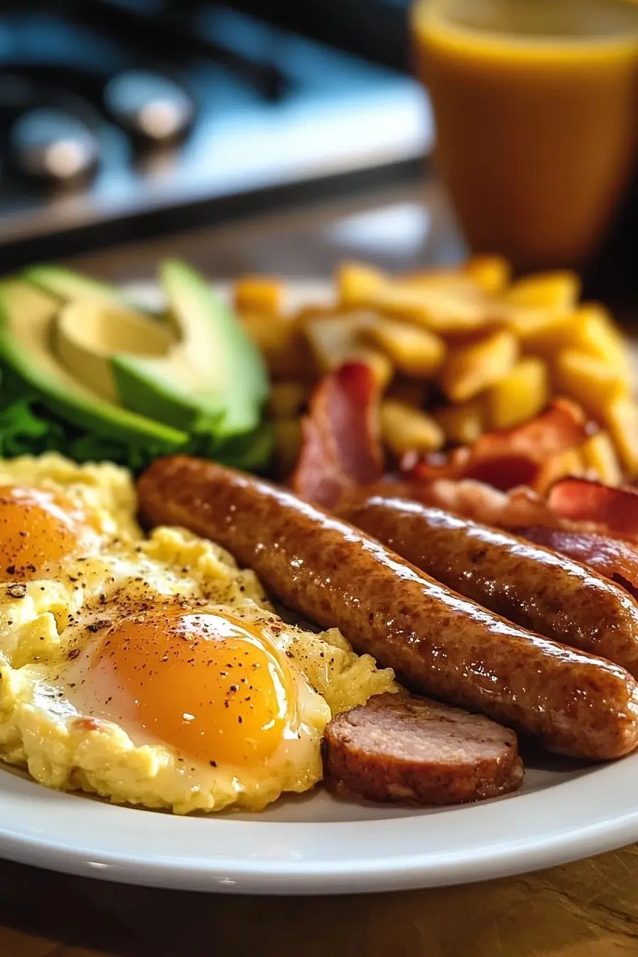 Prato de Café da Manhã: Bacon, Ovos, Salsichas e Torradas