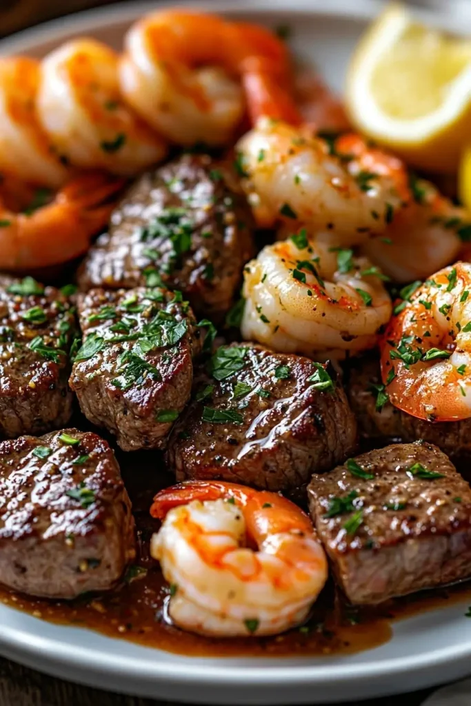 Garlic Butter Steak Bites with Jumbo Shrimp