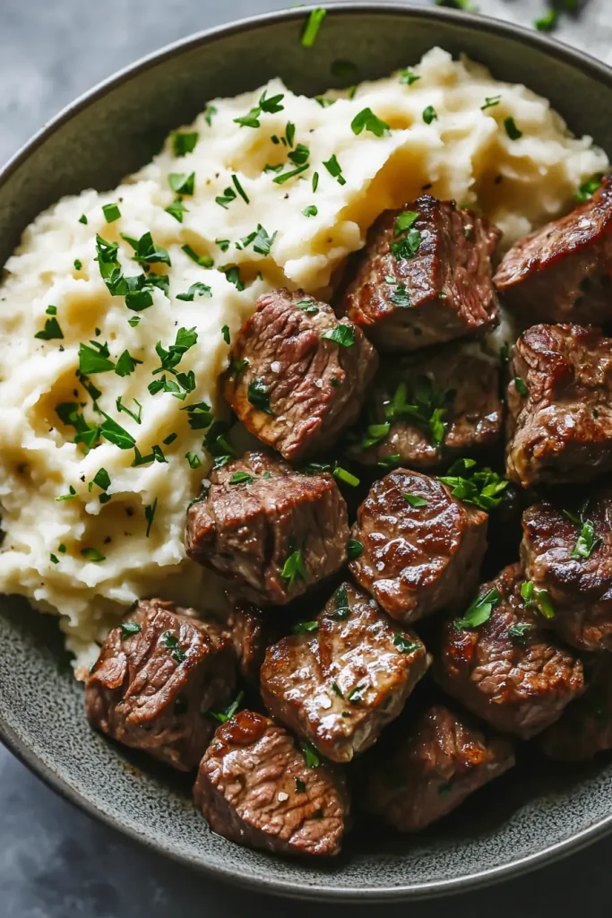 Garlic Butter Steak Bites and Mash