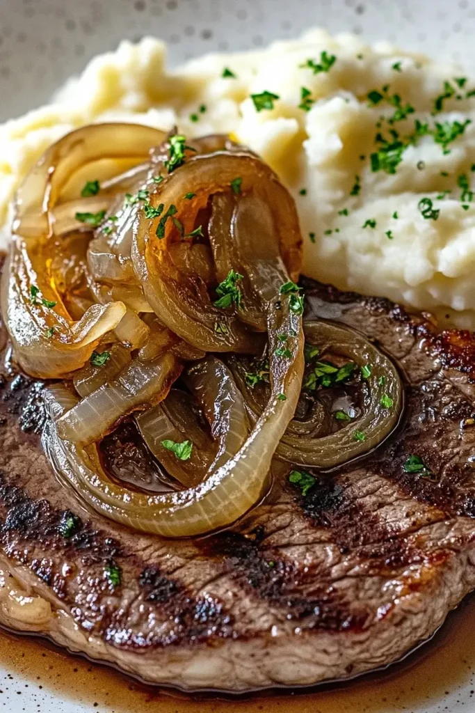 Ribeye Steak with Caramelized Onions and Mashed Potatoes