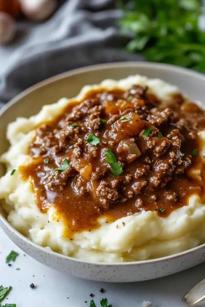 Savory Ground Beef with Spicy Gravy on Fluffy Mashed Potatoes