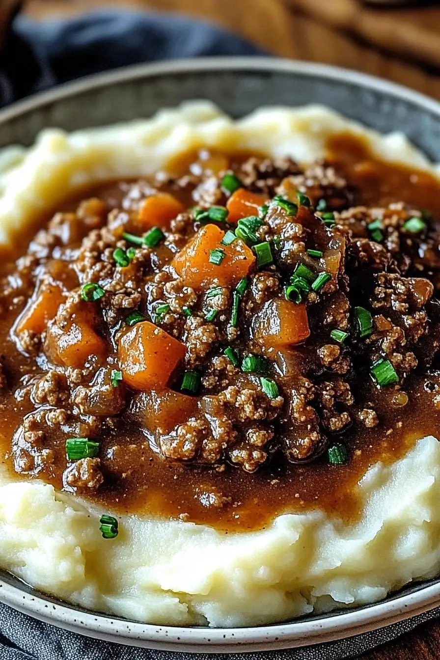 Savory Ground Beef with Spicy Gravy on Fluffy Mashed Potatoes